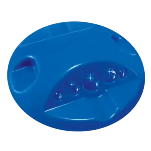Botón multivista con cuerpo y esferas color azul diseñado para señalar espacios reservados para personas con discapacidad en estacionamientos