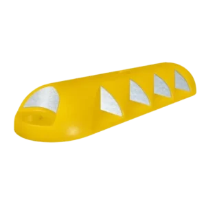 Canalizador Oruga amarillo con reflejantes blancos, diseñado para carriles exclusivos y ciclovías – alta resistencia y visibilidad en vías urbanas.