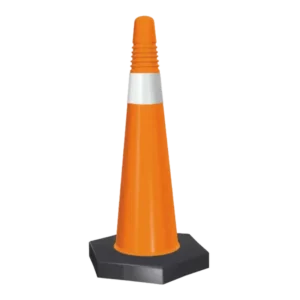 Cono vial de 60 cm naranja con base hexagonal negra pesada, resistente y visible, ideal para obras, estacionamientos y seguridad vial.