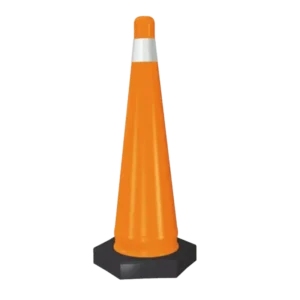Cono de tráfico 75 cm color naranja con base hexagonal negra rellena, resistente y estable para obras, vialidades y señalización de seguridad.