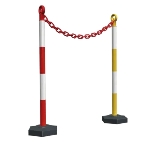 Poste bicolor para señalización vial, con base hexagonal rellenable y tramos en colores de alta visibilidad, ideal para delimitar zonas de obra o restringir paso peatonal.