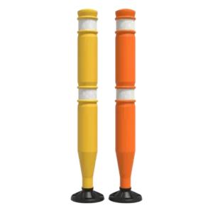 Baliza Brío 1000 en colores amarillo y naranja, con anillos reflectantes blancos y base negra, diseñadas para señalización vial flexible y recuperable