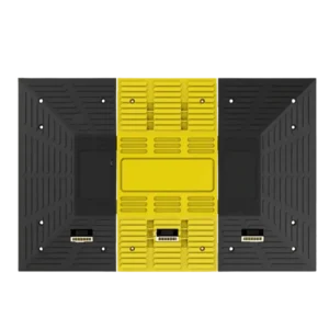 Reductor 180 de plástico ecológico en colores amarillo y negro, con diseño ancho y superficie antiderrapante, ideal para zonas escolares, hospitales o cruces peatonales.