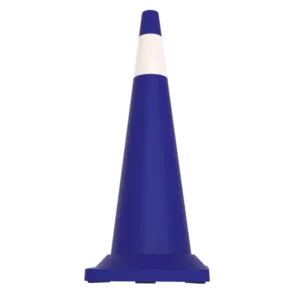 Cono vial de 91 cm de altura de color azul con banda reflejante en la parte superior