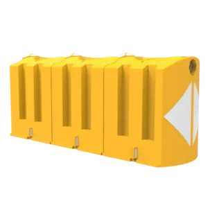 Absorbedor de impacto 130 con módulos de polietileno, luz LED parpadeante solar y franjas reflectantes, instalado en carretera para protección de caseta