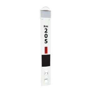 Alineador de plástico para control de tráfico vehicular, color blanco con franjas reflejantes, ideal para delimitar carriles y mejorar la seguridad vial.