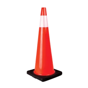 Cono de tráfico PVC 90 cm color naranja con banda reflejante y base pesada para señalización vial.