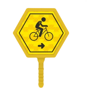 Paleta informativa para ciclistas en polietileno naranja, señalización vial manual con doble mensaje para control de tráfico en ciclovías y rodadas