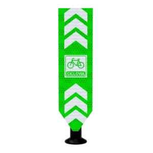 Paleta abatible Ecoflex125 verde para ciclovías, dispositivo vial reflectante con rótulo de bicicleta y flechas blancas para señalización y seguridad ciclista.